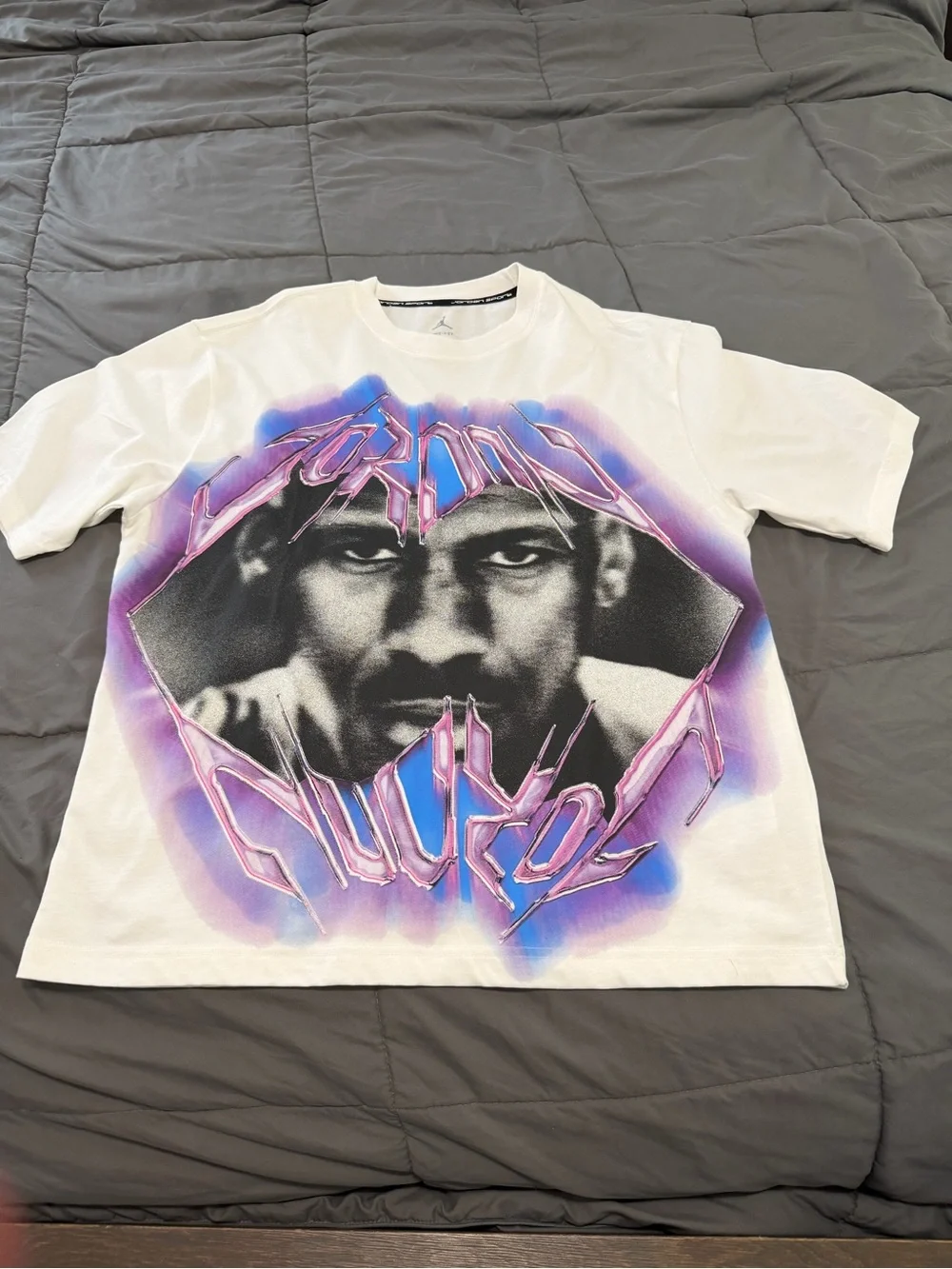 Jordan White Long-Sleeve Tee with Black Face Graphic and Purple/Blue Airbrush